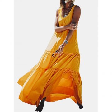 Solid Color O-neck Overhead Sleeveless Pleated Maxi Dress