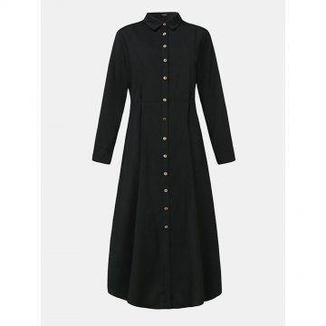 Pleated Long Sleeve Solid Color Casual Dress For Women