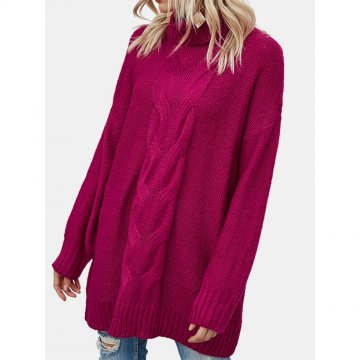 Solid Color Long Sleeves High Neck Loose Knitted Sweater Dress
