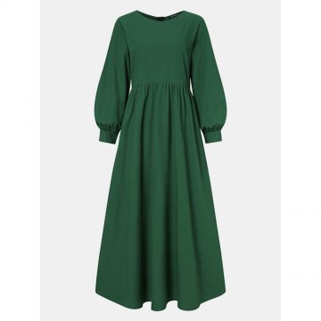 Solid Color Pleated Button A-line Long Sleeve Casual Dress for Women