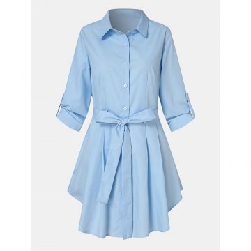 Solid Color Lapel Button Knotted Casual Dress For Women